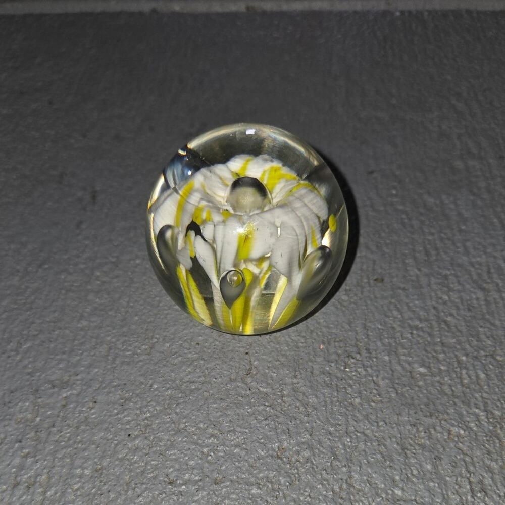 Yellow And White Floral Paperweight Art Glass